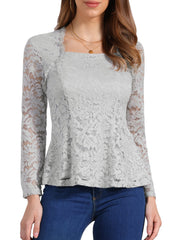 Lace Square Neck Long Sleeve Stertch Peplum Blouse