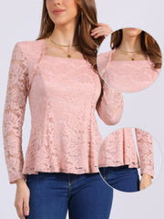 Lace Square Neck Long Sleeve Stertch Peplum Blouse