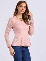 Lace Square Neck Long Sleeve Stertch Peplum Blouse