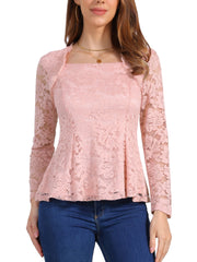 Lace Square Neck Long Sleeve Stertch Peplum Blouse