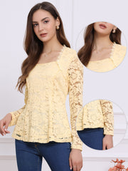 Lace Square Neck Long Sleeve Stertch Peplum Blouse