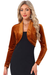 Open Front Velvet Long Sleeve Cropped Bolero Shrugs