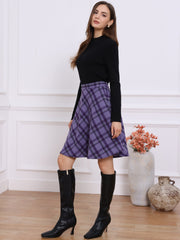 Vintage Plaid Tartan Elastic Waist Knee Length A-Line Skirt