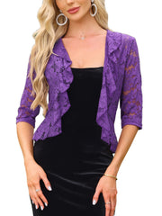 Lace Sheer 3/4 Sleeve Ruffle Hem Open Front Bolero Shrug