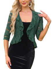 Lace Sheer 3/4 Sleeve Ruffle Hem Open Front Bolero Shrug