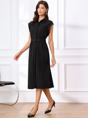 Cap Sleeves Collared Button Down Belted Midi Work Dress