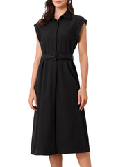 Cap Sleeves Collared Button Down Belted Midi Work Dress