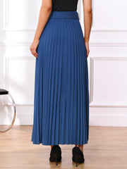 Flowy Pleated Elastic High Waist Belted Swing A-line Maxi Skirt