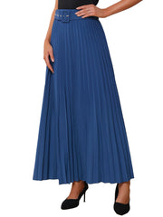 Flowy Pleated Elastic High Waist Belted Swing A-line Maxi Skirt