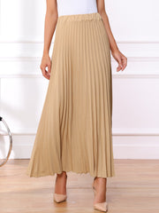 Flowy Pleated Elastic High Waist Belted Swing A-line Maxi Skirt
