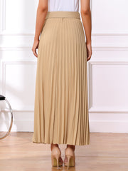 Flowy Pleated Elastic High Waist Belted Swing A-line Maxi Skirt