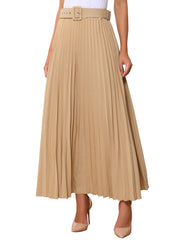 Flowy Pleated Elastic High Waist Belted Swing A-line Maxi Skirt