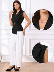 Sleeveless Belted Lapel Collar Work Vest