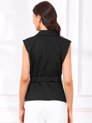 Sleeveless Belted Lapel Collar Work Vest