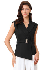 Sleeveless Belted Lapel Collar Work Vest