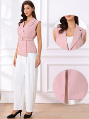 Sleeveless Belted Lapel Collar Work Vest