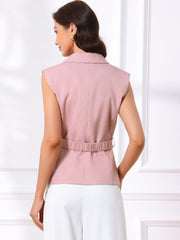 Sleeveless Belted Lapel Collar Work Vest