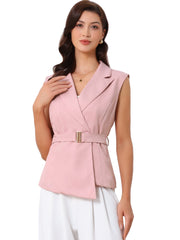 Sleeveless Belted Lapel Collar Work Vest