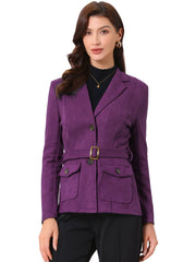 Faux Suede Blazer Belted Lapel Outwear Single Breasted Work Jacket