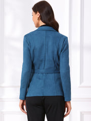 Faux Suede Blazer Belted Lapel Outwear Single Breasted Work Jacket