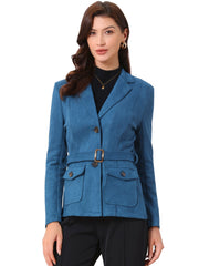 Faux Suede Blazer Belted Lapel Outwear Single Breasted Work Jacket