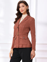 Faux Suede Blazer Belted Lapel Outwear Single Breasted Work Jacket