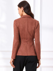 Faux Suede Blazer Belted Lapel Outwear Single Breasted Work Jacket