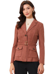 Faux Suede Blazer Belted Lapel Outwear Single Breasted Work Jacket