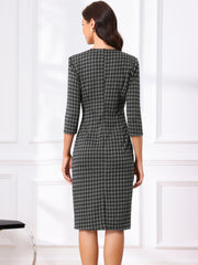Houndstooth 3/4 Sleeve Elegant Cinched Waist Sheath Dress