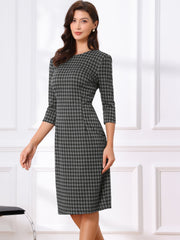 Houndstooth 3/4 Sleeve Elegant Cinched Waist Sheath Dress