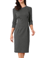 Houndstooth 3/4 Sleeve Elegant Cinched Waist Sheath Dress