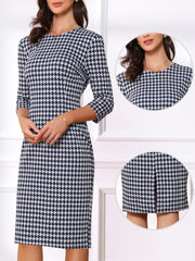 Houndstooth 3/4 Sleeve Elegant Cinched Waist Sheath Dress