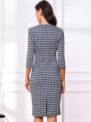 Houndstooth 3/4 Sleeve Elegant Cinched Waist Sheath Dress