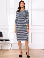Houndstooth 3/4 Sleeve Elegant Cinched Waist Sheath Dress