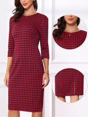 Houndstooth 3/4 Sleeve Elegant Cinched Waist Sheath Dress
