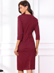 Houndstooth 3/4 Sleeve Elegant Cinched Waist Sheath Dress