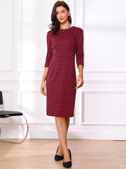 Houndstooth 3/4 Sleeve Elegant Cinched Waist Sheath Dress