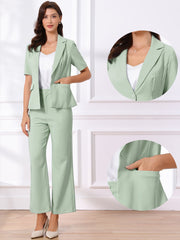 2 Pieces One Button Short Sleeve Blazer Jacket and Suit Pants Office Suit Set