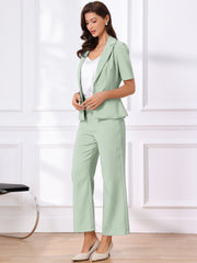 2 Pieces One Button Short Sleeve Blazer Jacket and Suit Pants Office Suit Set