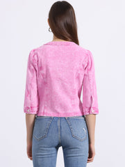 Denim Collarless Pockets 3/4 Sleeve Feminine Style Jacket