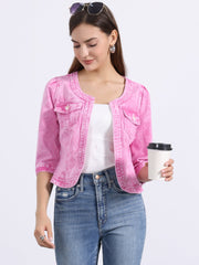 Denim Collarless Pockets 3/4 Sleeve Feminine Style Jacket
