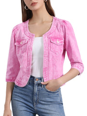 Denim Collarless Pockets 3/4 Sleeve Feminine Style Jacket