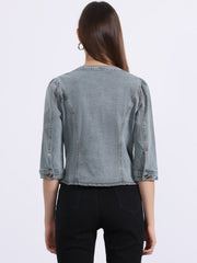 Denim Collarless Pockets 3/4 Sleeve Feminine Style Jacket