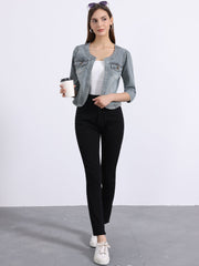 Denim Collarless Pockets 3/4 Sleeve Feminine Style Jacket