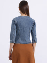 Denim Collarless Pockets 3/4 Sleeve Feminine Style Jacket