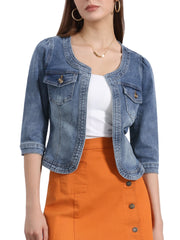 Denim Collarless Pockets 3/4 Sleeve Feminine Style Jacket