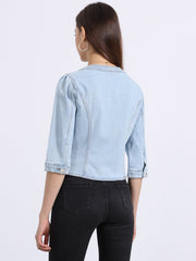 Denim Collarless Pockets 3/4 Sleeve Feminine Style Jacket