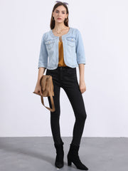 Denim Collarless Pockets 3/4 Sleeve Feminine Style Jacket