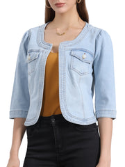 Denim Collarless Pockets 3/4 Sleeve Feminine Style Jacket