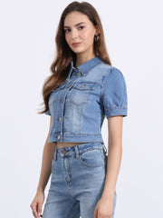 Casual Button-Down Puff Long Sleeve Crop Denim Jacket